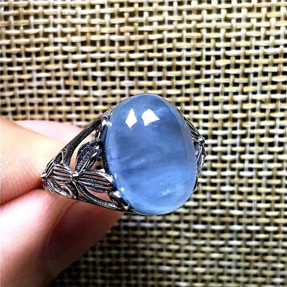 

Top Natural Blue Aquamarine Ring For Woman Man Clear 14x10mm Beads Adjustable Size Crystal Ring 925 Silver Fashion Jewelry AAAAA