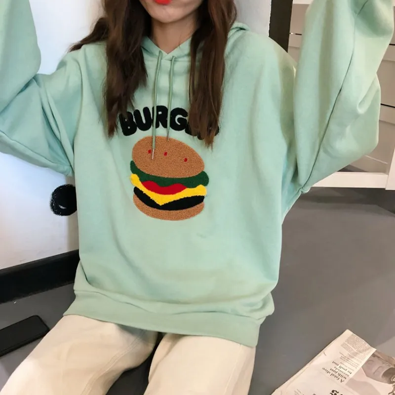 Burger патч негабаритных толстовки для женщин Весна Осень Корейская кофта с капюшоном в стиле поп Женская толстовка сплошной цвет пуловер женский