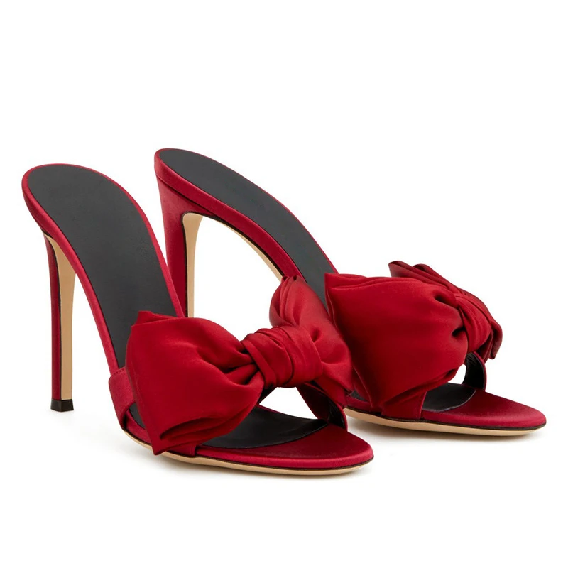 

Summer Simple Bowtie Peep Toe Slipper High Heel Ladies Red Black Satin Thin High Heel Outfit Sandals Woman Slingbacks Shoes