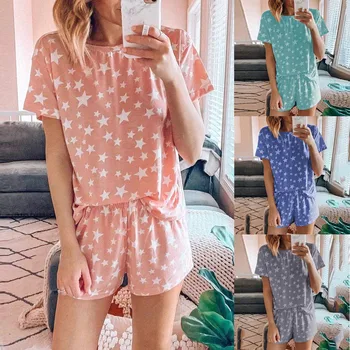 

Casual fashion summer Women pajamas пижама женская Star Short Sleeve Pajama Set Night Lounge Top Short Sleepwear h4