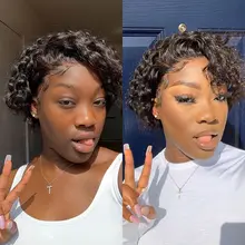 Pelucas de encaje frontal de corte pixie Bob, 150, 180, 250%, rizado, cabello humano con cierre de encaje Remy prearrancado