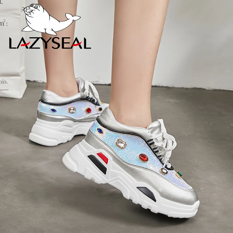 Женские ботильоны с кристаллами LazySeal на толстой подошве круглый носок блестящая