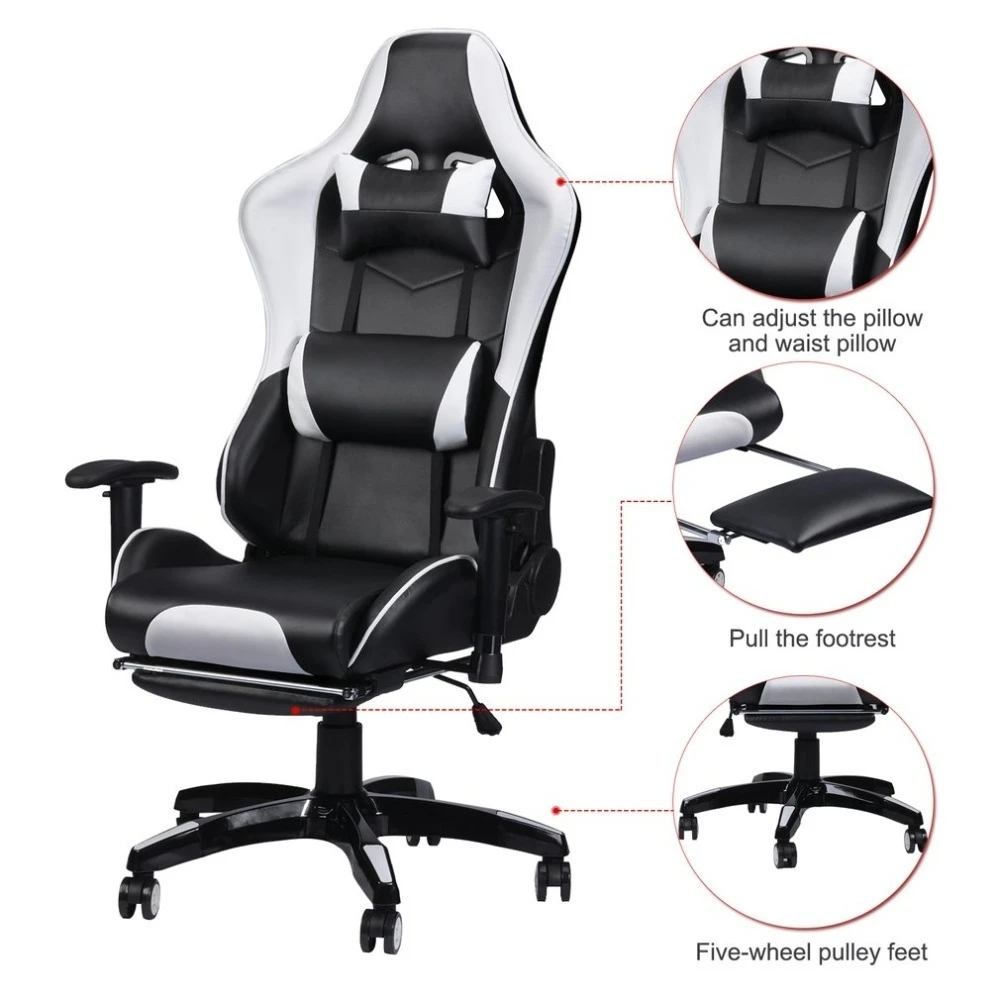 

Racing Gaming Office Chair Computer Desk 360 Degree Chair Adjustable Seat & Armrests Height Backrest Recline Retractable Leg