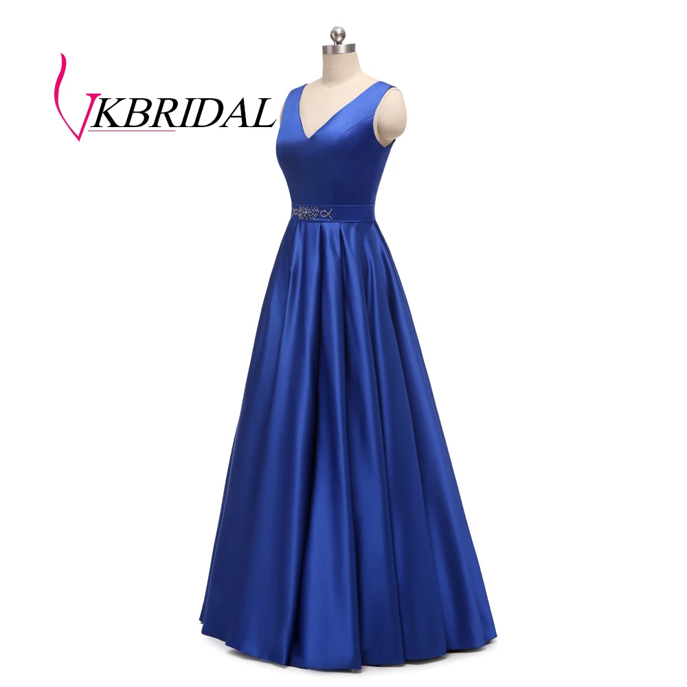 VKBRIDAL Королевского синего цвета вечерние платья для женщин 2019 трапециевидной формы с v-образным вырезом атласное Формальное длинное платье