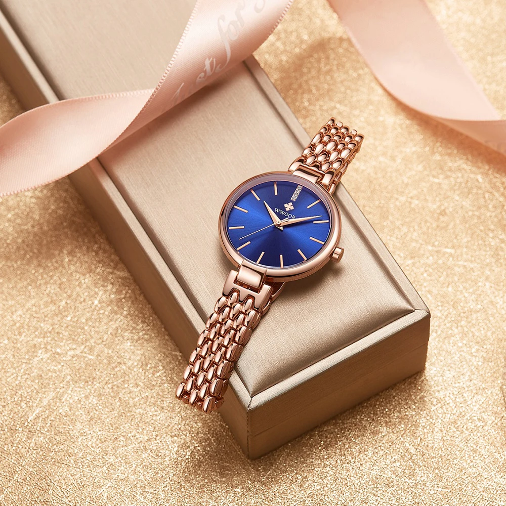 Reloj mujer, WWOOR, женские модные розовые синие часы, женские часы из нержавеющей стали, роскошные изысканные женские часы, relogio feminino