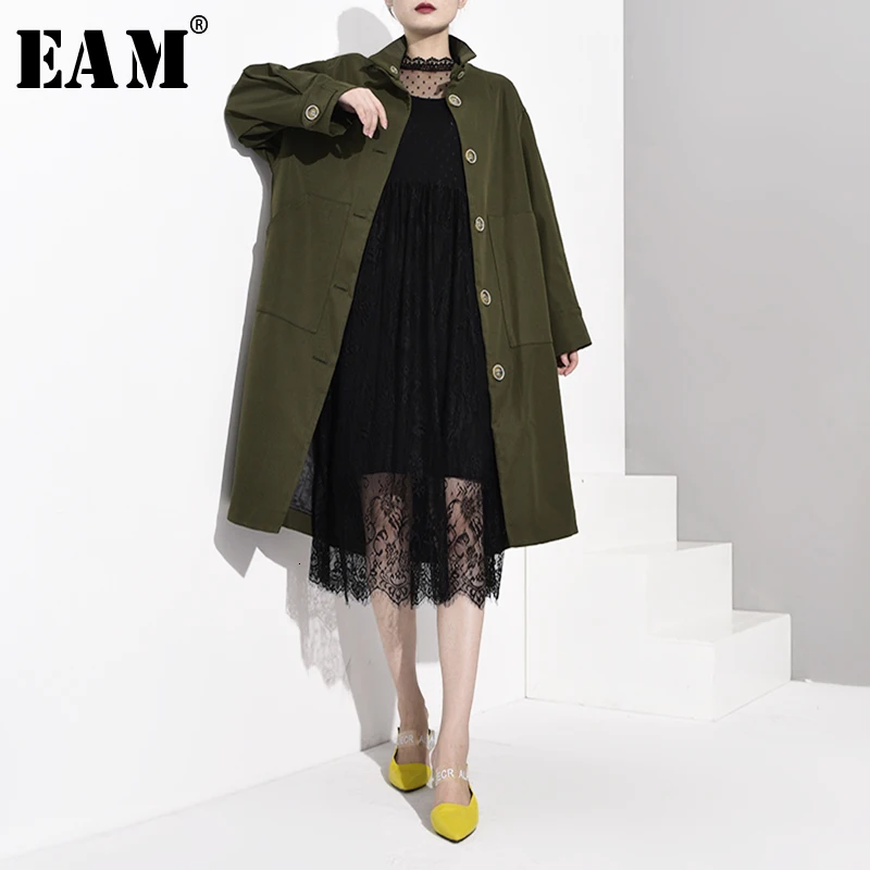 

[EAM] Women Button Long Big Size Trench New Stand Collar Long Sleeve Loose Fit Windbreaker Fashion Autumn Winter 2020 WJ2200