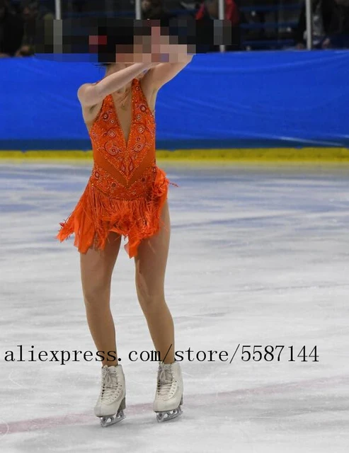 Figure Skating Dress - Orange Diamond Sling Style, Competition & Performance - View #6