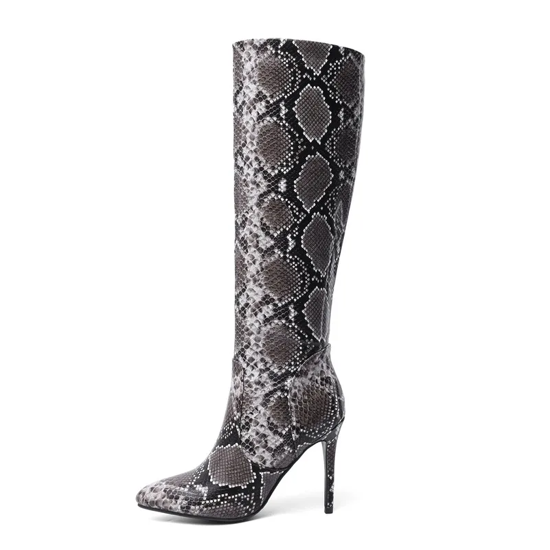 ANNYMOLI/зимние сапоги до колена; женские высокие сапоги на тонком каблуке со змеиным принтом; пикантная обувь на очень высоком каблуке; Женская Осенняя обувь; большие размеры 34-43