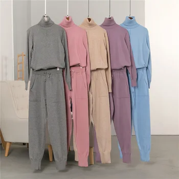 

2 Piece Set Women Winter Turtleneck Sweater Pants Set Sportswear Girl Wool Knitted Suit Ribbed Sweater Set Two Piece Outfits Hot