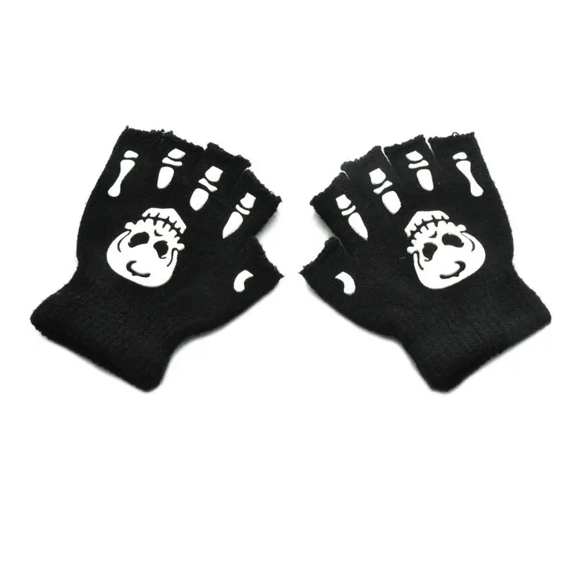 Kids Halloween Cosplay Skeleton Half Finger Gloves Luminous Fingerless Mittens