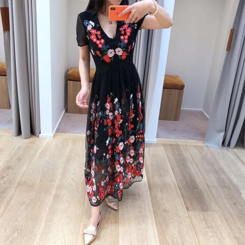 Women Short Sleeve Long Dress V Neck Flower Embroidery Mesh Midi | Женская одежда