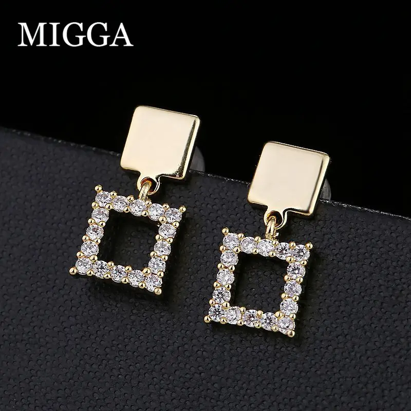 MIGGA микро проложили кубический циркон квадратные серьги с подвеской для женщин золотого цвета женские серьги-гвоздики