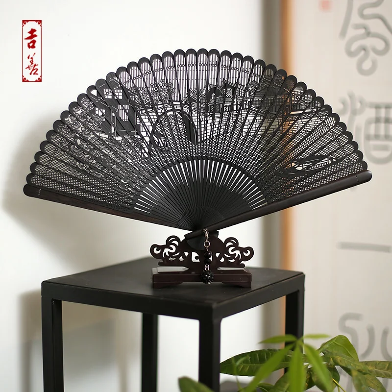 

Sensu 6 Inch Folding Fan Woman Fan Sandalwood Fan Bamboo Carving Moment Fan In National Customs Gift Fan Ebony Edge