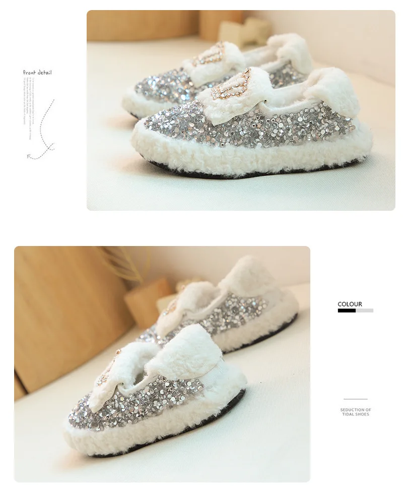 Winter girls doug shoes kids loafers children Princess shoes baby flat kids cotton fur shoes fashion glitter bow lacing