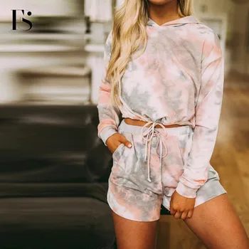 

Two Pieces Casual Hooded Women Pajamas Set Fashion Tie-dye Lacing Pants Long Sleeves Tracksuit Ladies Loose Sleepwear