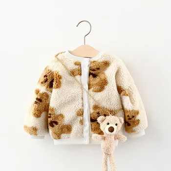 

Winter Warm Baby Girls Long Sleeve O Neck Cartoon Print Thick Fleece Casual Jackets Kids Outerwear Coats casaco with Bear