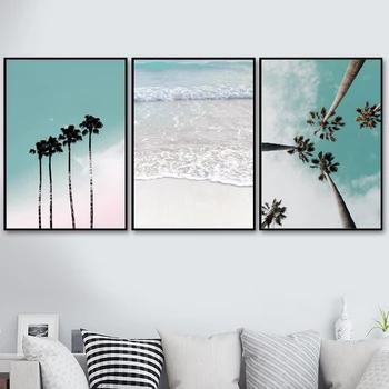 

Small Fresh Coconut Palm Tree Pink Beach Sea Umbrella Wall Art Nordic Canvas Painting Poster and Print Living Room Decoration