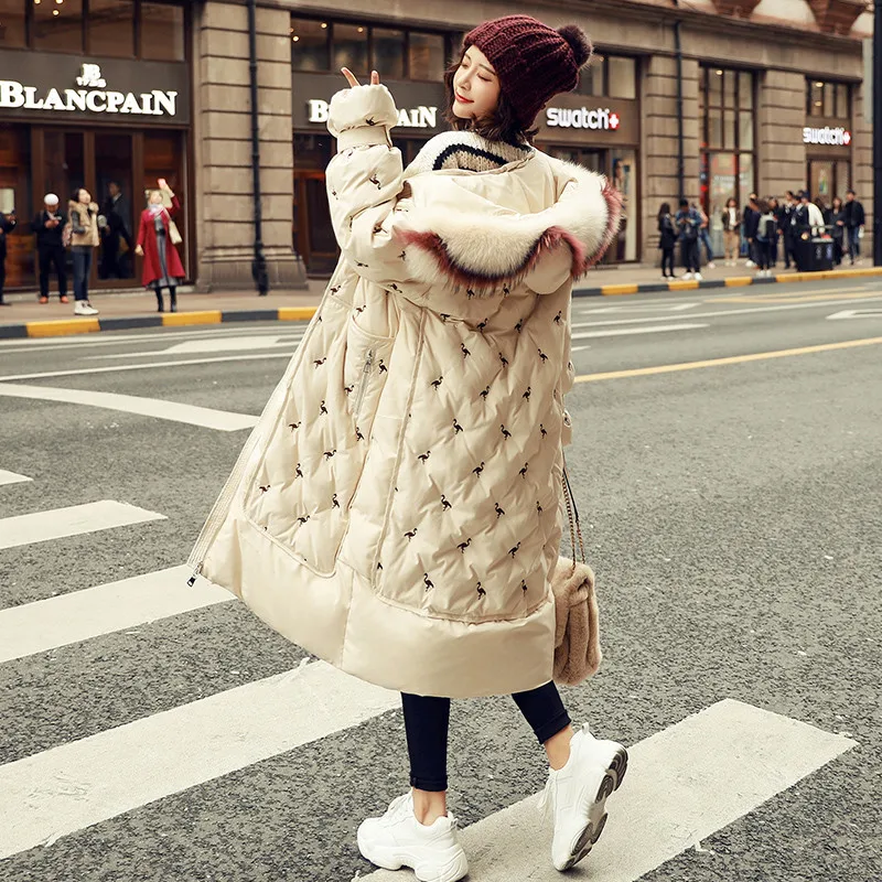 

Women Medium Long Down Jacket 2019 New Embroidery Large Fur Collar Winter White Duck Down Jacket High Quality Female Coat XIN021