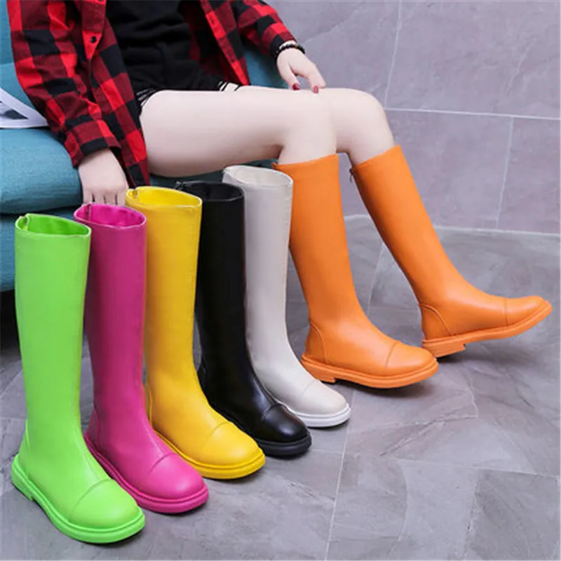 

New Women PU Leather Fashion Knee High Boots Women Colorful Fall Long Boots Green Yellow Boots White Boots Platform Black Boots