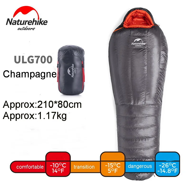 ULG700 champagne 15 90% утиный пух Мумия спальный мешок одного пера спальные мешки для кемпинга горная долина зима горький холодный наполнение мощность 800FP - Color: ULG700 champagne