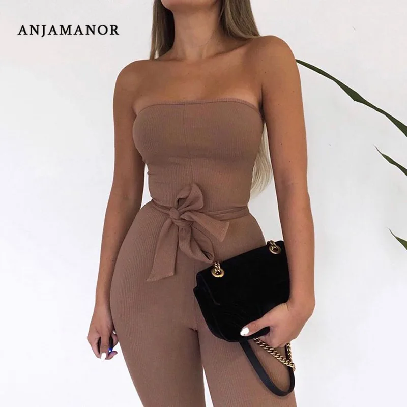 

ANJAMANOR Sexy Strapless Bodycon Jumpsuit with Belt Ribbed Knitted Fall Winter Clothes for Women 2019 Club Party Romper D92-AC72