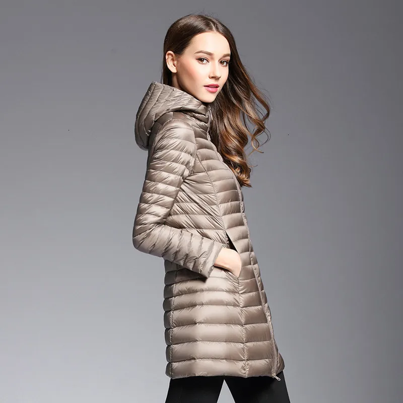 Длинная парка на утином пуху, теплая пуховая куртка для женщин, зимние пуховые пальто большого размера, ультра легкие стеганые пальто с капюшоном, верхняя одежда