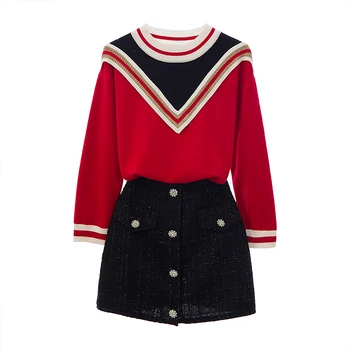 

Fall New Straight Loose Korean Fashion Turtleneck Sweater & Button Joker Tall Waist Tweed Bright Silk Skirts Knitwear Leisure