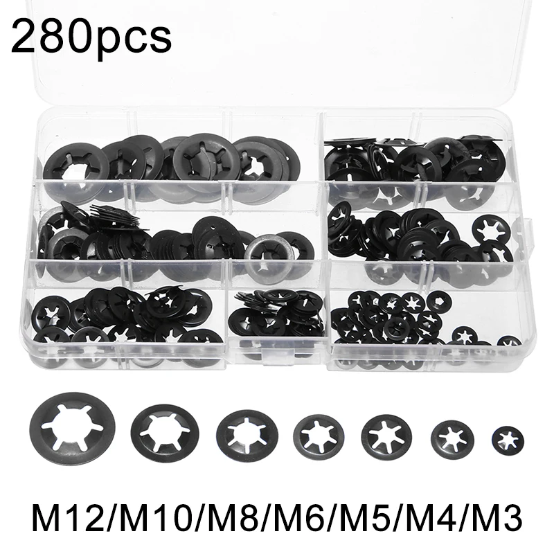 

280pcs Lock Washer Kit Starlock Push On Locking Machinery Equipment M3 M4 M5 M6 M8 M10 M12 Fastener Accessories