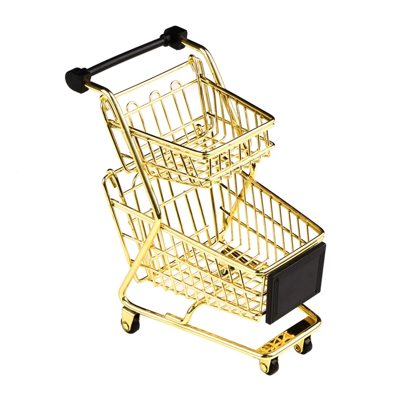 

Mini Double Layers Shopping Cart Model Wrought Iron Supermarket Trolley Metal Rose Gold Storage Basket