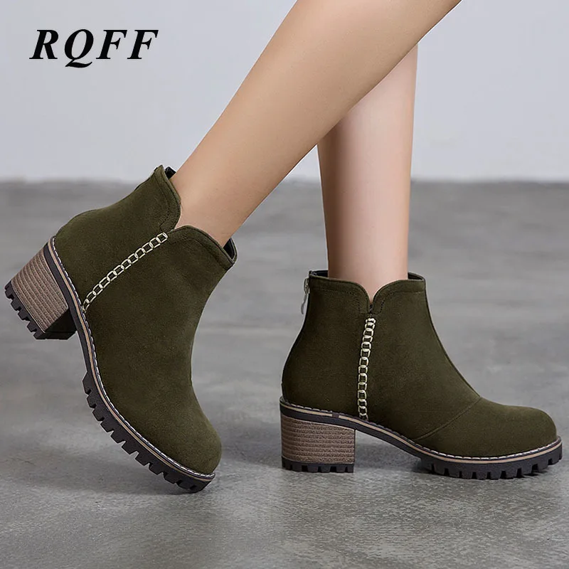 

2019 Autumn Winter Ankle Boots for Women Plus Size 43 Fashion High Square Heel Shoes Woman Solid Flock Platform Handmade Sewing