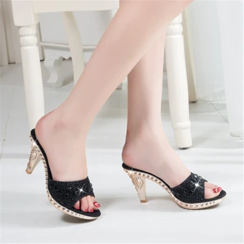 

Simple Slippers Bling 8CM High Heels Sexy Ladies Slipers Female Sandals Womens Fashion Shoes Woman Platform Slippers Mules Shoes