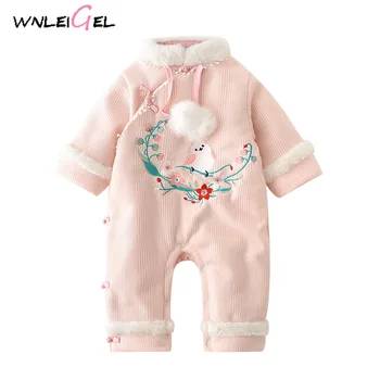 

WLG winter baby girl print thick cotton single button o-neck new year warm pink clothes new born girl embroidery costume rompers
