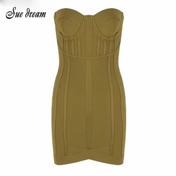 

2020 Spring Women's New Army Green Bandage Dress Sexy Off Shoulder Sleeveless Bodycon Mini Club Party Dress