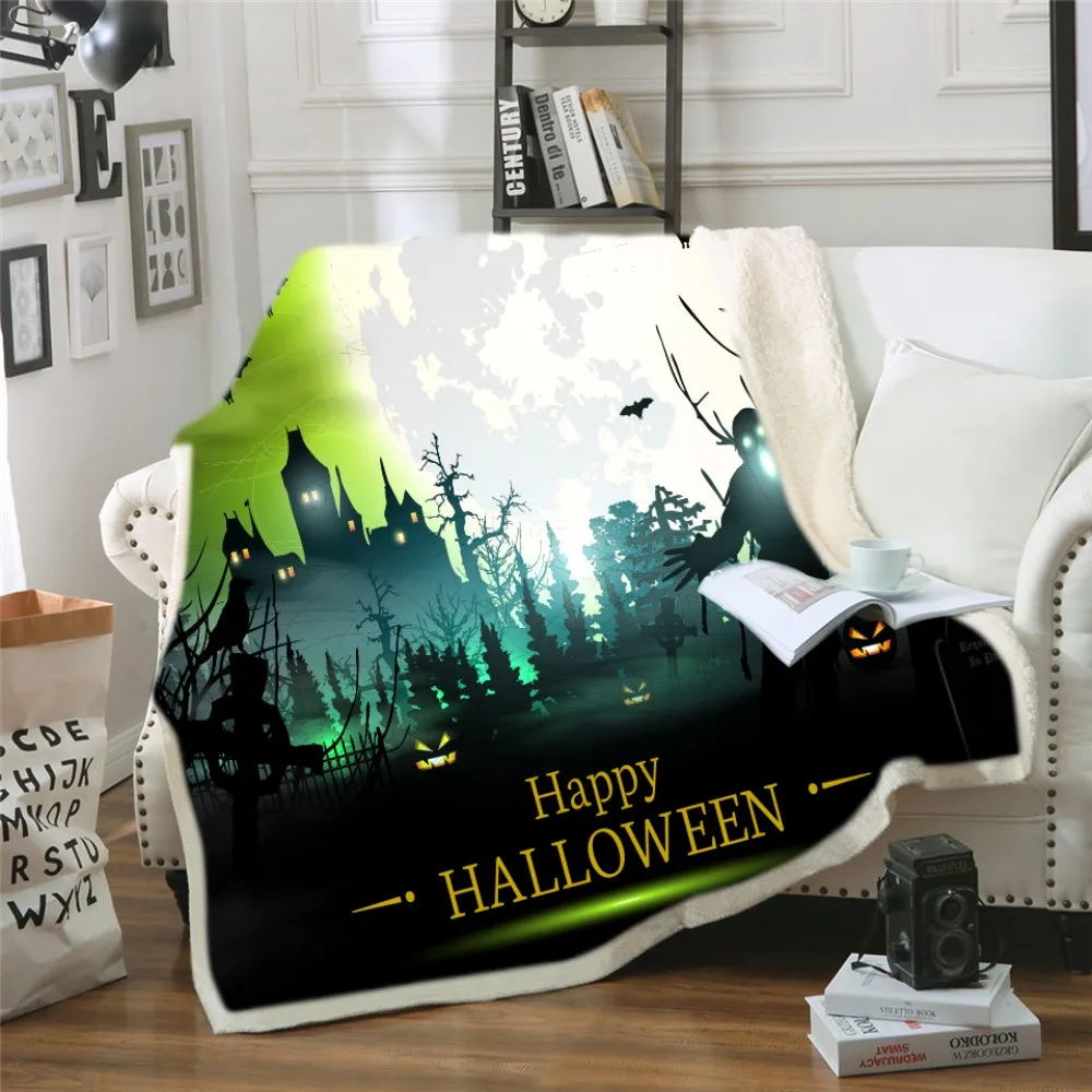 

Halloween Sherpa Fleece Blanket Cartoon Pumpkin Lantern Microfiber Blanket Black Bat Skull Print 3D Print Warm Blanket for Kids