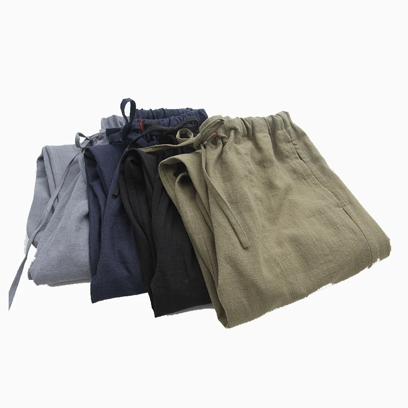 Long Pants Cotton Linen Male Chinese Kung Fu Trousers Men's Casual Straight Military green Tai Chi Clothing Elastic Waist