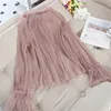 2020 New Spring Summer Women Mesh Blouse Solid Casual Tie Bow Lace Shirts Female Long Sleeve Blouses Bottoming Shirt Tops AB1825 2