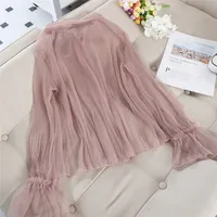 2020 New Spring Summer Women Mesh Blouse Solid Casual Tie Bow Lace Shirts Female Long Sleeve Blouses Bottoming Shirt Tops AB1825 2