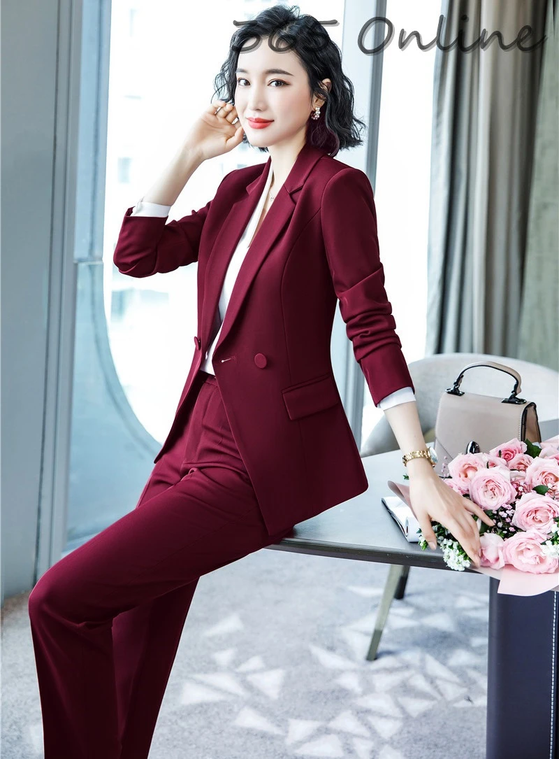 

Novelty Wine Formal Business Suits with Pants and Jackets Coat for Women Ladies Office Work Wear Autumn Winter Blazers Pantsuits