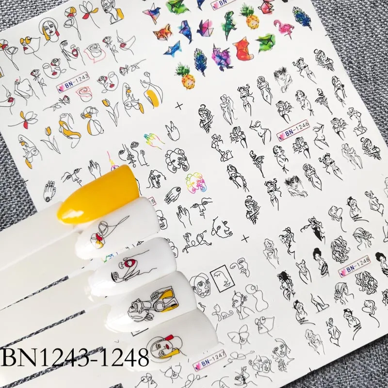 

6pcs/set Black Line Coloful Abstract Image Sexy Girl Nail Sticker Water Decal Transfer Nail Art Nail Stickers Slider 2019