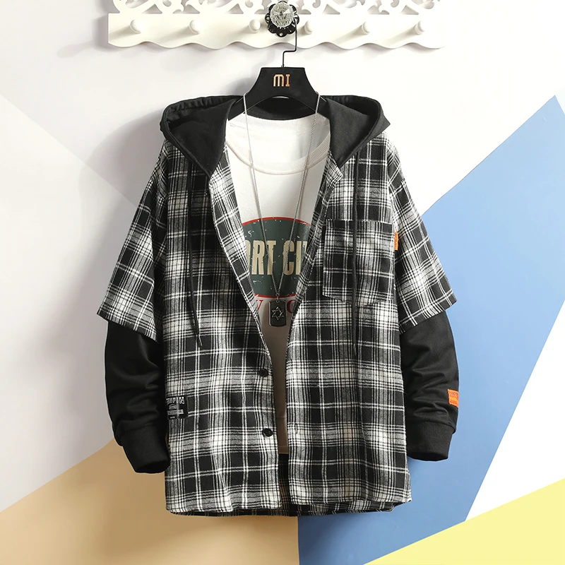 Casual Brand Jacket men Hooded Plaid Shirt Men Shirts Long Sleeves 2020 New Autumn Plus Size M-5XL