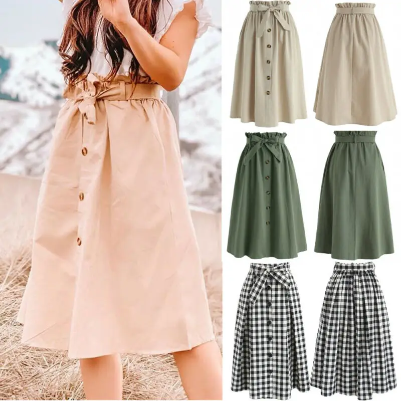 Womens Button Front Split Midi Skirt 