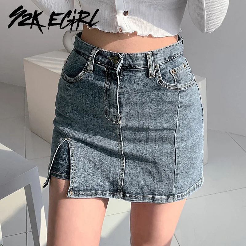 

Y2K EGIRL 90s Fashion Solid High Waist Jeans Skirts Vintage Streetwear Slit Hem A-line Mini Demin Skirts Autumn Casual Outfits