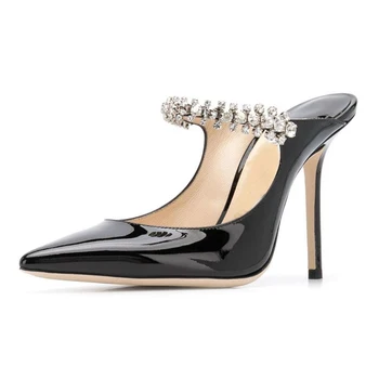 

Crystal Dress Slippery Women Stiletto Heel Sexy Pointed Toe Patent Leather Black Slip On Pumps Outside Elegant Slides Pump