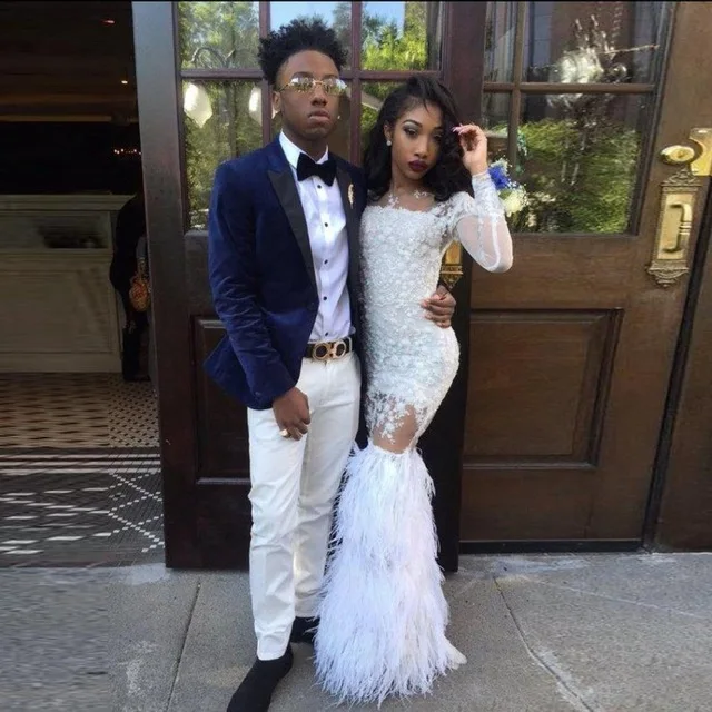 white mermaid prom dress with feathers