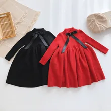 Осень, Новое поступление, модное вязаное платье для девочек, детские платья с бантом, платья для девочек