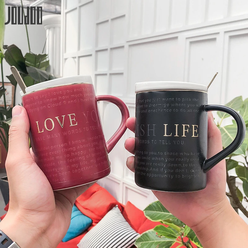 

JOUDOO Creative Embossed Letters Ceramic Mug with Spoon, European Coffee Cup Drinking Cups Drinkware Mugs Gift 380ml 35