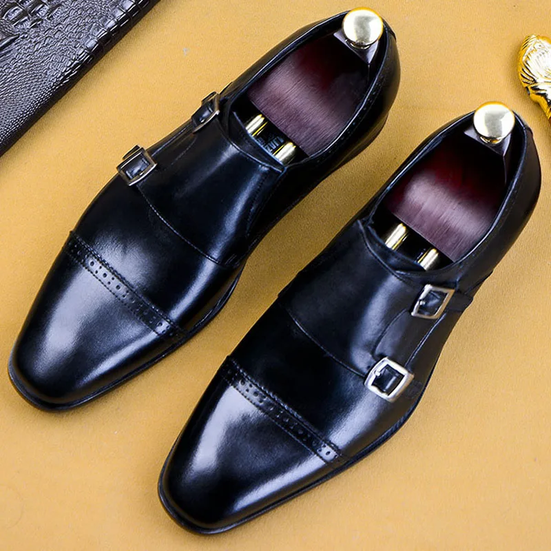

2019 Hot Sales Handmade Male Monk Shoe Fashion Business Wedding Men's Dress Shoes Formal Genuine Leather Flat Oxford Shoes