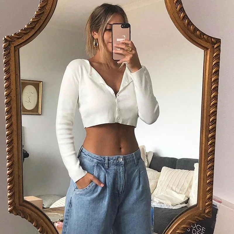 Mujer estilo coreano de cuello corto de punto suéteres cárdigan manga corta protección Top Ropa de Mujer suéter Ropa