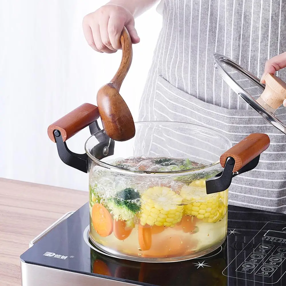 Прозрачный стеклянный кулинарный горшок с двойной деревянной ручкой для
