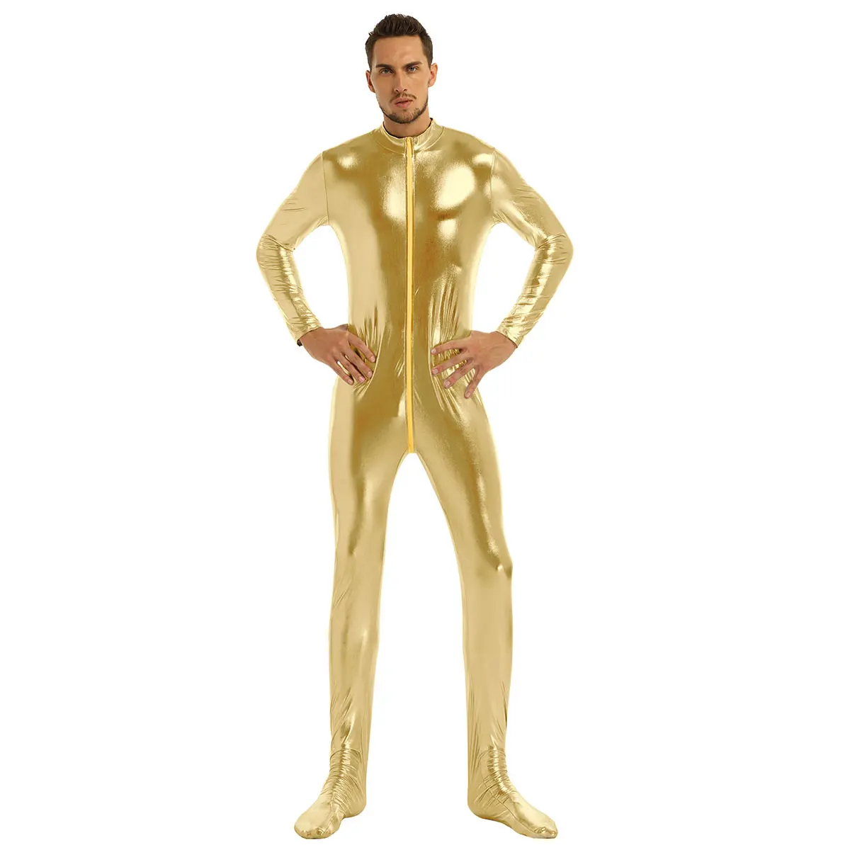 iiniim Mens Body Sexy Teddies Shiny Metallic Club Bodystocking Closed Toe Stretchy Full Body Leotard Bodysuit Clubwear Costumes